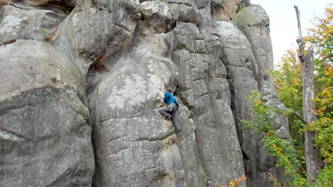 Top view of man climbing sandstone wall in woodland, secured by rope Stock Footage 346769617