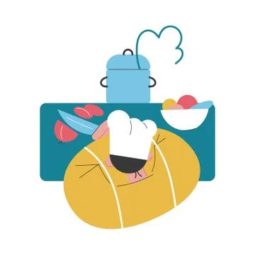 Top view of man cook standing, cutting vegetables and cooking Stock Illustration