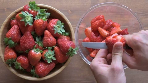Top View Man Hands Slicing Fresh Organic Strawberries Stock Footage 76630798