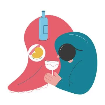 Top view of man sitting at home and having dinner with wine alone Stock Illustration