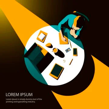 Top view of man working in office while sunlight falls on table Stock Illustration