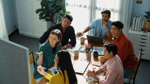 Top view of manager present idea while team helping explain idea. Convocation. Stock Photos