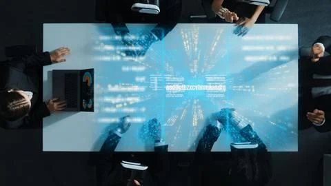 Top view of manager using laptop send data while team wear vr. Directorate. Stock Photos