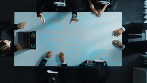 Top view of manager using laptop send data while team wear vr. Directorate. Stock Photos