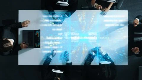 Top view of manager using laptop send data while team wear vr. Directorate. Stock-Fotos