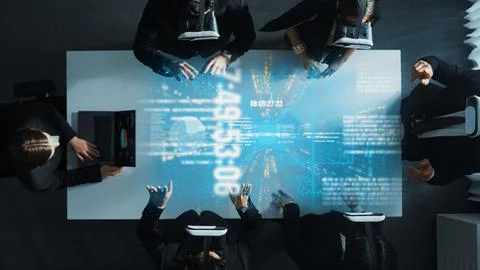Top view of manager using laptop send data while team wear vr. Directorate. Stock Photos