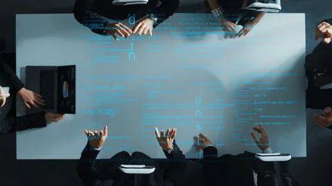 Top view of manager using laptop send data while team wear vr. Directorate. Photos