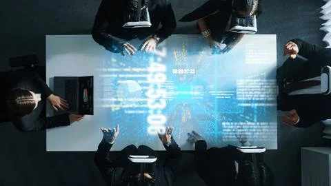 Top view of manager using laptop send data while team wear vr. Directorate. Stock-Fotos