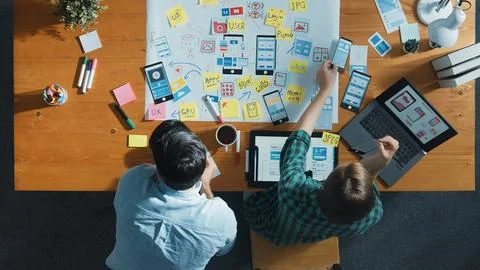 Top view of manager working together to develop Ux Ui design. Convocation. Foto stock