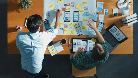 Top view of manager working together to develop Ux Ui design. Convocation. Foto stock