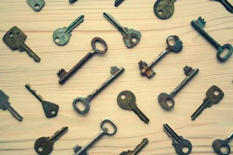 Top view of many old rusty key Stock Photos
