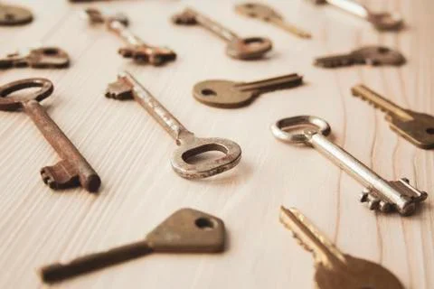 Top view of many old rusty key Stock Photos