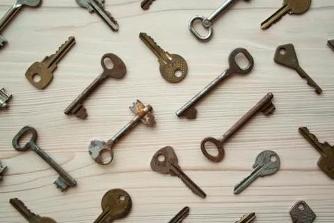Top view of many old rusty key Stock Photos