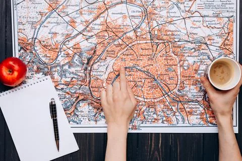 Top View of a map and items. Map of the world. Travel, tourism and vacation.. Stock Photos