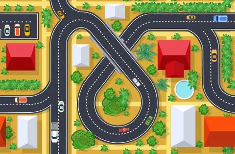 The top view is a map of the city district module block with town infrastructure 스톡 일러스트