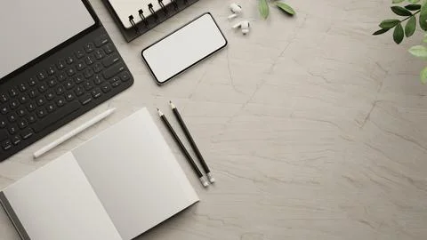 Top view of marble desk with tablet keyboard, blank smartphone, notebook, p.. Stock Illustration