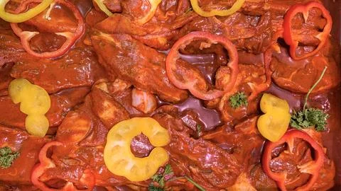 Top view of marinated lamb meat. Indian food concept Stock Photos