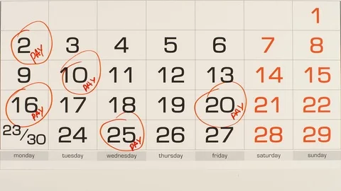 TOP VIEW: Marking pay days in a calendar - Stop motion Stock Footage 94599157