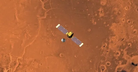 Top view of Mars Global Surveyor in orbit above Lanae Palus Region. Stock Footage 72002558
