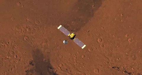Top view of Mars Global Surveyor in orbit above Amenthes Region. Stock Footage 72002630