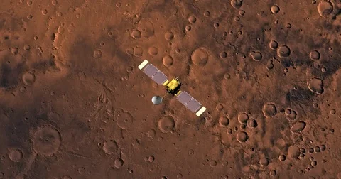 Top view of Mars Global Surveyor in orbit above Margaritifer Sinus Region. Stock Footage 72002738