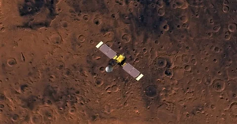Top view of Mars Global Surveyor in orbit above Iapygia Region. Stock Footage 72002781