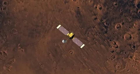Top view of Mars Global Surveyor in orbit above Mare Tyrrhenum Region. Stock Footage 72002797