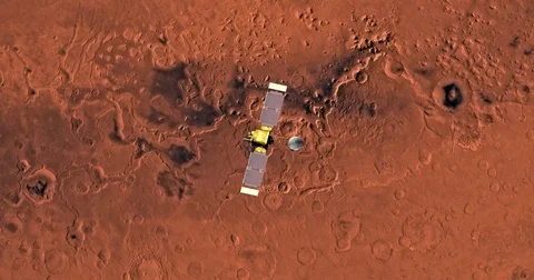 Top view of Mars Global Surveyor in orbit above Ismenius Lacus Region  Stock Footage 72070014