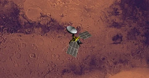 Top view of Mars Reconnaissance Orbiter above Mars at 36 degrees longitude. Stock Footage 62822932