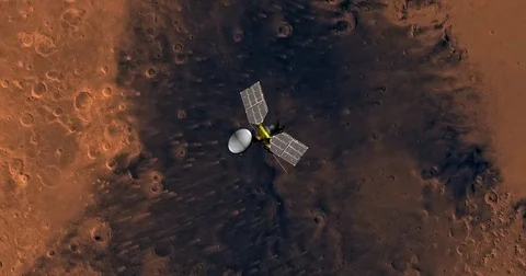 Top view of Mars Reconnaissance Orbiter in orbit above Syrtis Major Region. Stock Footage 71927518