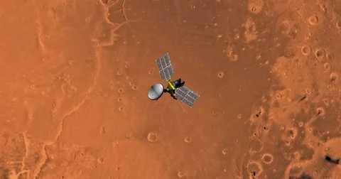 Top view of Mars Reconnaissance Orbiter in orbit above Lanae Palus Region  Stock Footage 71928088
