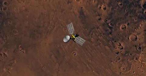Top view of Mars Reconnaissance Orbiter in orbit above Mare Tyrrhenum Region. Stock Footage 71928193