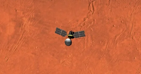 Top view of Mars Reconnaissance Orbiter in orbit above Arcadia Region  Stock Footage 71991070