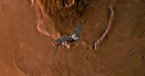 Top view of Mars Reconnaissance Orbiter in orbit above Olympus Mons  Stock Footage 71992123