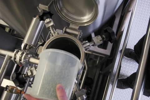 Top view of the master brewer adding hop pellets in the machine to produce the Stock Footage 276769031