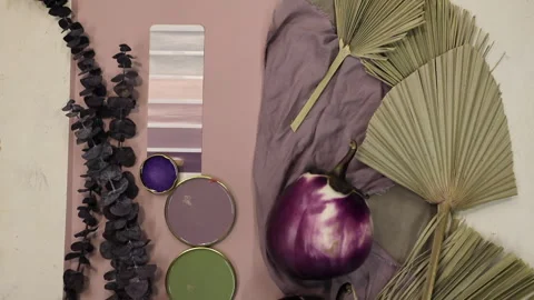 Top view of material collage, color palette, mood board for interior design and  Stock Footage 279893877