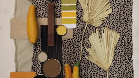 Top view of material collage, color palette, mood board for interior design and  Stock Footage 279893878