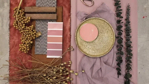 Top view of material collage, color palette, mood board for interior design and  Vídeos de archivo 279893894
