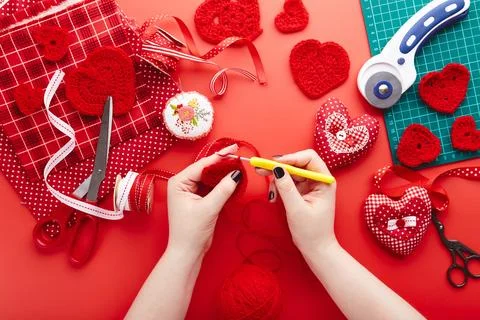 Top view of materials for sewing and knitting. Valentine's day handmade gif.. Stock Photos