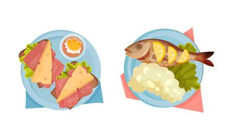 Top view of meal served on plates set. Sandwiches with ham and cheese, fried Stock Illustration