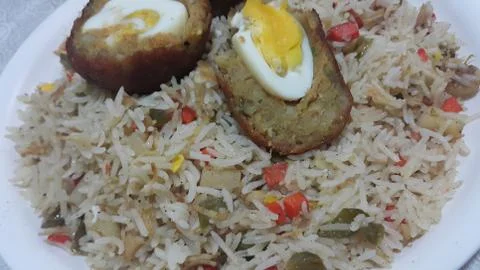 Top view of meat balls or meat kofta curry in Basmati rice pulao or pulav or  Stock Photos