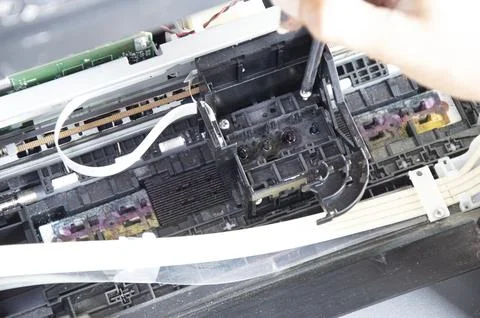 Top view, mechanic fixing printer, fixing printhead Stock Photos