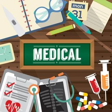 Top View Of Medicine Tablets, Hypodermic Syringe And Diagnosis Paper Medical Stock Illustration