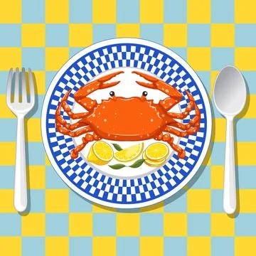 Top View of Mediterranean Crab Dish with Lemon and Cutlery Stock Illustration