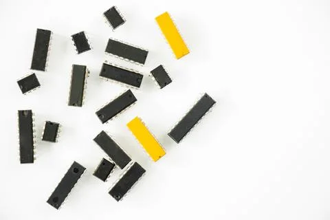 Top view of microprocessor and microchips on white background with copy space Stock Photos