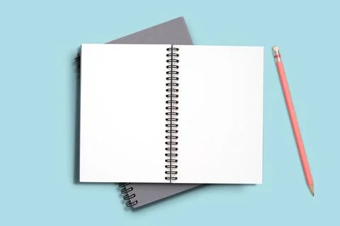 Top view Minimal design of open Notebook memo with pink pencil Stock Photos