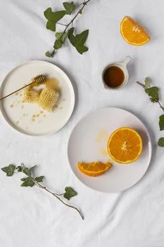 Top view minimal white table composition Stock Photos