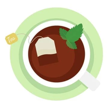 Top View Mint Tea Cup with Teabag Vector Illustration Fresh Green Leaves 스톡 일러스트