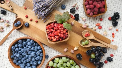 Top View Of Mix Berries On Table. Healthy Vegan Diet. 스톡 동영상 112606603