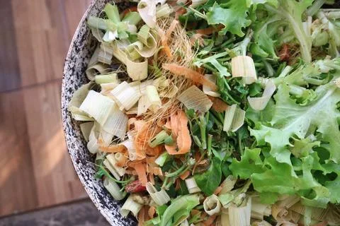Top view of mixed organic kitchen vegetable scraps for composting. Stock-Fotos